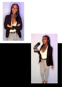 two pictures of a woman in a blazer and jeans