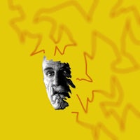a man's face is drawn on a yellow background