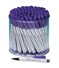 purple and silver marker pens in a clear container