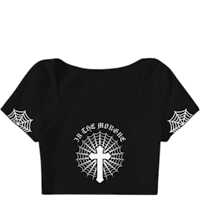 a black crop top with an image of a cross on it