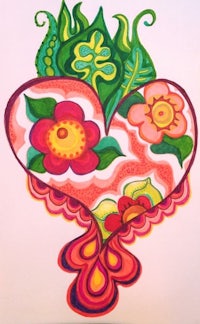 a colorful drawing of a heart with flowers and leaves