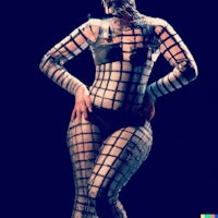 a woman in a caged bodysuit posing