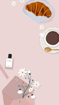 an illustration of a croissant, coffee and flowers on a pink background