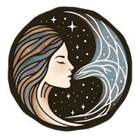 a woman's face with a crescent moon in the background