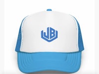 the jb logo on a white and blue trucker hat