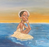 a painting of a woman sitting in the ocean