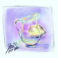 a drawing of a pitcher with a lemon in it