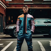a man in a colorful tracksuit standing in front of a car
