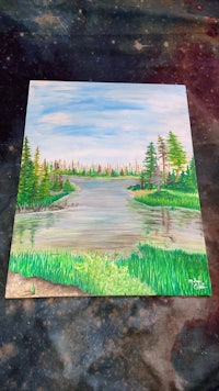 a painting of a lake with trees in the background