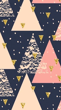 a pink and blue geometric pattern with gold triangles