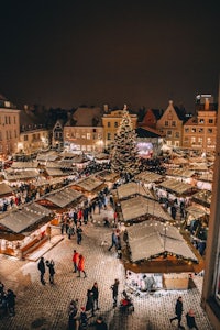 an aerial view of a christmas market in poland