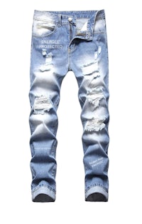 a pair of men's ripped jeans on a white background