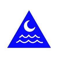 a blue triangle with a crescent moon and waves