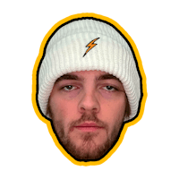 a man wearing a white beanie with a lightning bolt on it