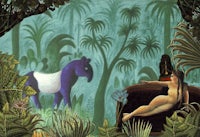 a painting of a nude woman laying on a couch in a jungle