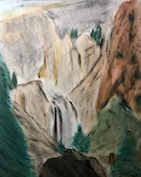a watercolor painting of a waterfall in yosemite