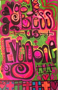 a colorful drawing with the words'bless us all'on it
