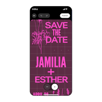 a save the date card with a pink and purple design