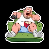 a sticker of a man sitting in a green chair with a remote control