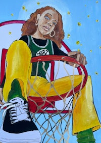 a painting of a woman sitting in a basketball hoop