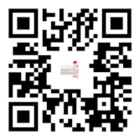 a black and white qr code with a red and white logo