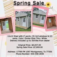 a flyer for a spring sale of sheds