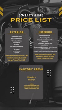 a price list for the interior of a car