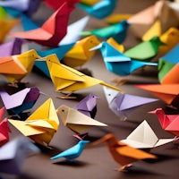 a group of colorful origami birds on a table