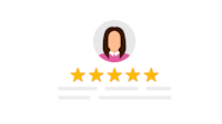 a woman with a five star rating on a black background