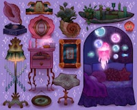 a collection of items in a purple room