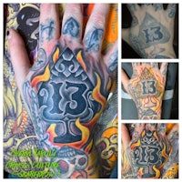 a series of photos showing different tattoos on a person's hand