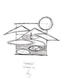 a sketch of a house with a boat in the background