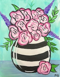 a painting of pink roses in a striped vase