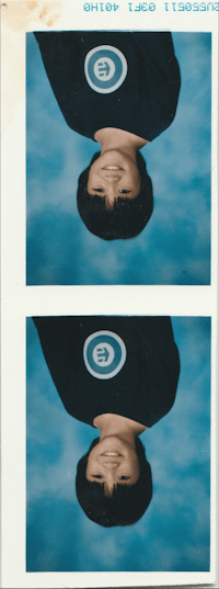 two photos of a man with a blue circle on his head