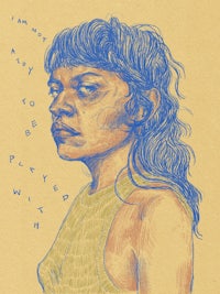 a drawing of a woman with blue hair