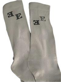 two pairs of grey socks with the letter e on them