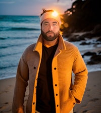 a man with a beard standing on the beach at sunset