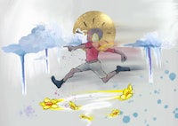 a painting of a man running through the clouds