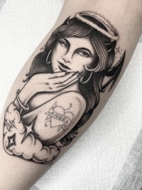 a black and white tattoo of a woman with a crown