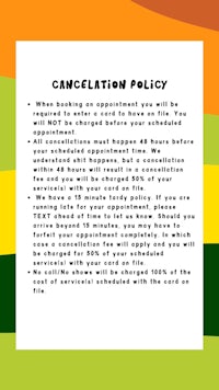 a poster with the words cancellation policy on a colorful background