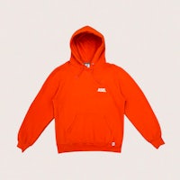 an orange hoodie with a white logo on it
