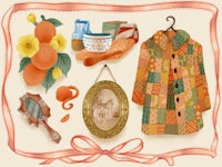 a collection of oranges, a coat, and other items