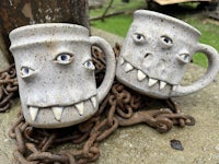 two ceramic mugs with eyes on them sitting on a chain