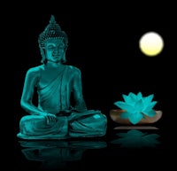 a buddha statue and a lotus flower on a black background