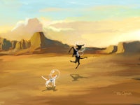 a painting of two dogs running in the desert
