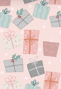 a pink background with holly and presents on it