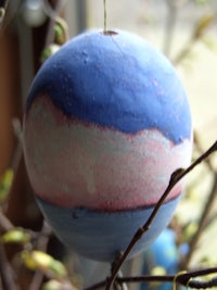 a blue and pink ball hanging from a tree branch