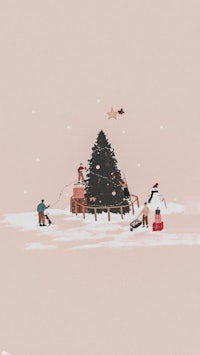 an illustration of a christmas tree with people around it