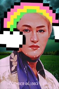 a pixelated image of a woman with a rainbow in her hair