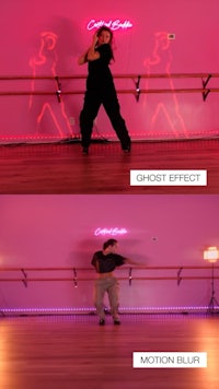 two pictures of a dancer in a room with a neon light